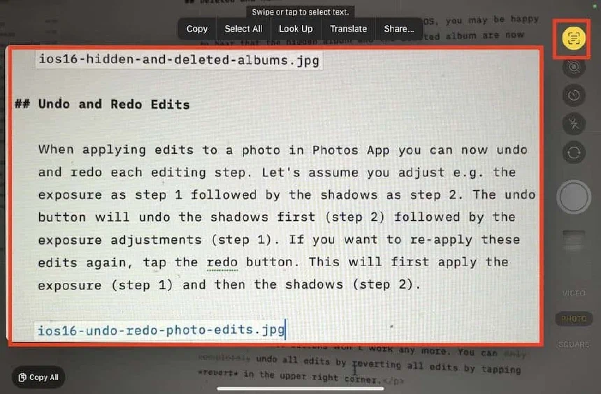 Live text zoomed in the iOS 16 Camera App