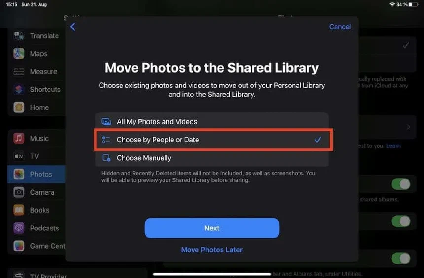 Select which photos to add to the Shared Photo Library