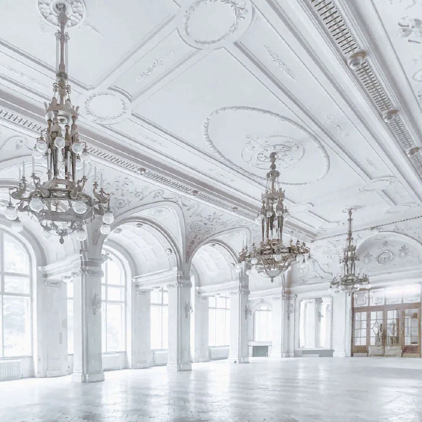 A high key edit of the abandoned ballroom at the Suedbahn Hotel