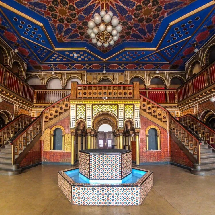 Ornate Moorish arches and mosaic details in the 1st class oriental sauna at Stadtbad Leipzig