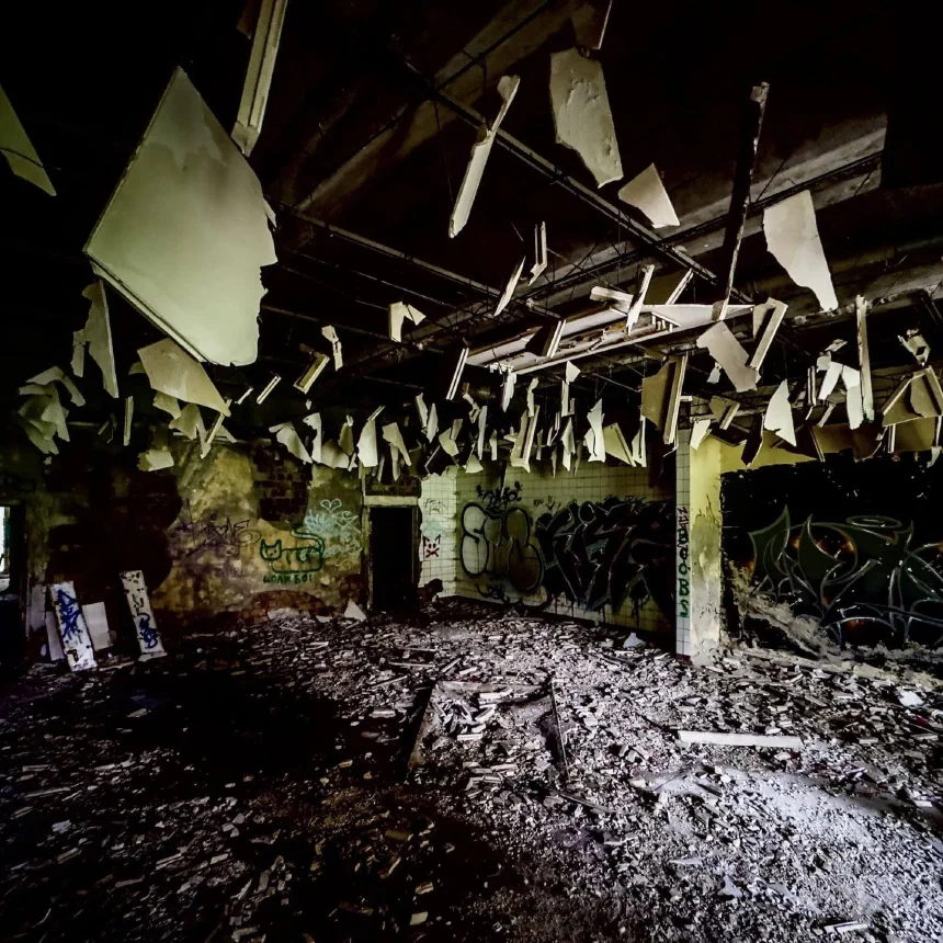 Broken tiles hanging from the roof at an abandoned shop