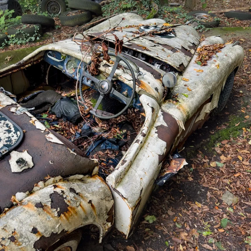 Remains of a white Jaguar XK120