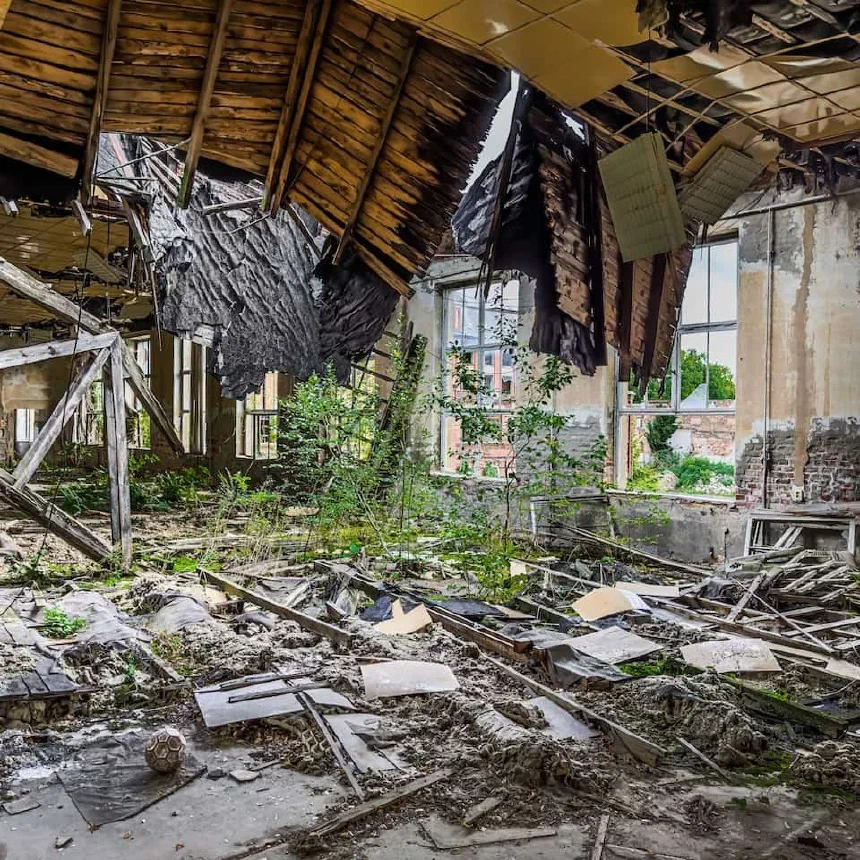 Collapsed roof at the abandoned textile factory in Forst