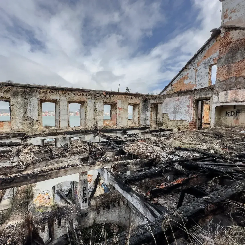Roofs and floors are collapsed at the abandoned harbor.