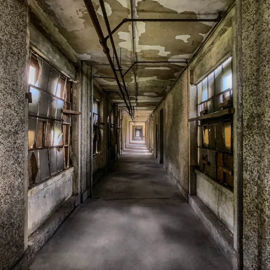 One of the endless long corridors of the abandoned Immigrant Hospital at Ellis Island