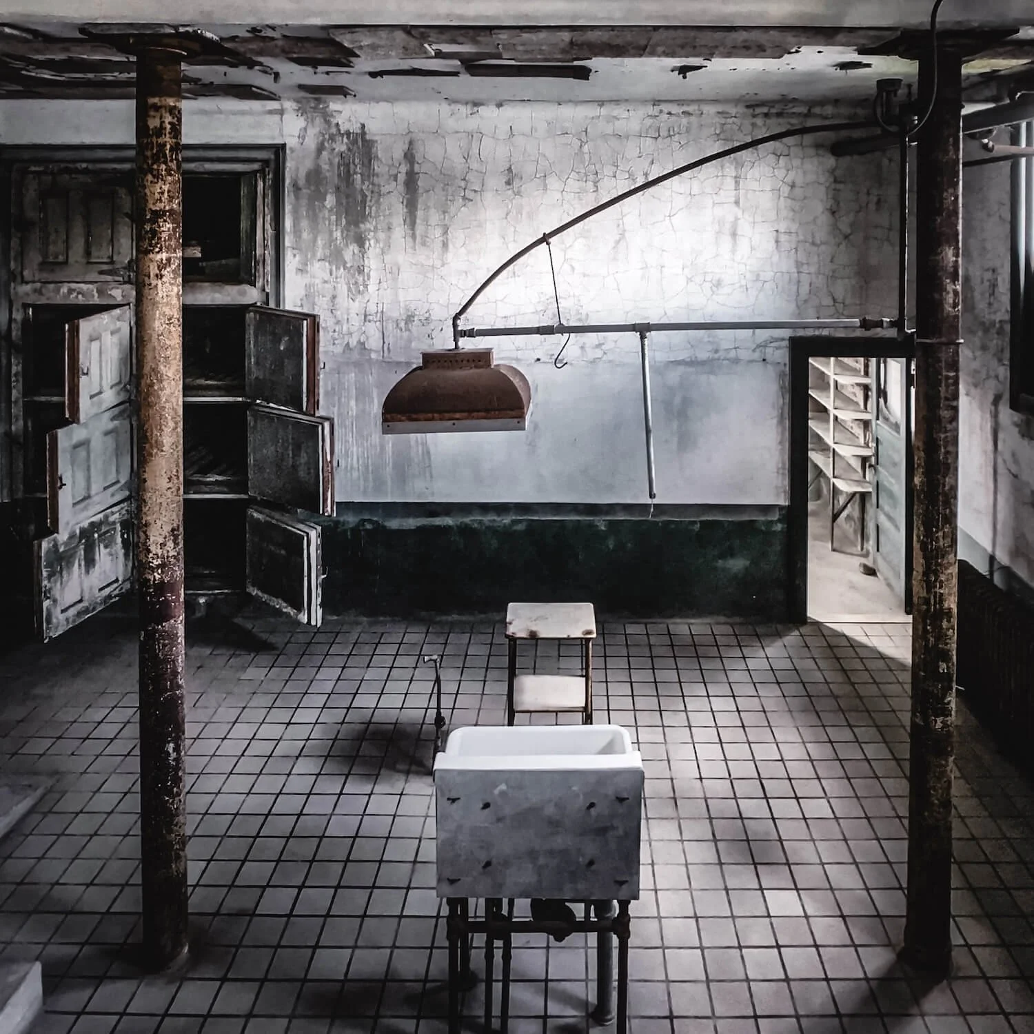 The historic autopsy theater and refrigerated drawers at the abandoned Immigrant Hospital on Ellis Island