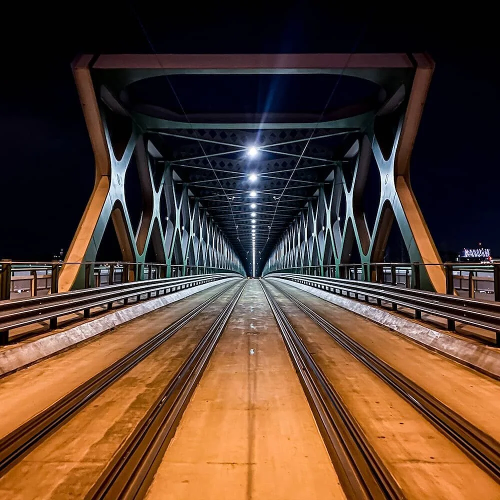 A bridge in Bratislava at night photographed using iPhone Night Mode Camera