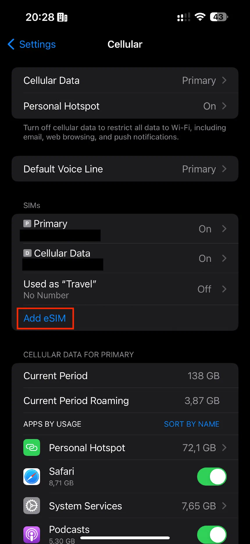 Add the Holafly eSim by tapping add eSim in the cellular settings on your iPhone