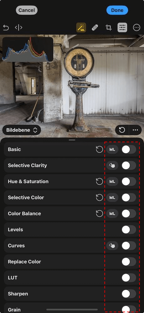 Adjustment groups in Photomator