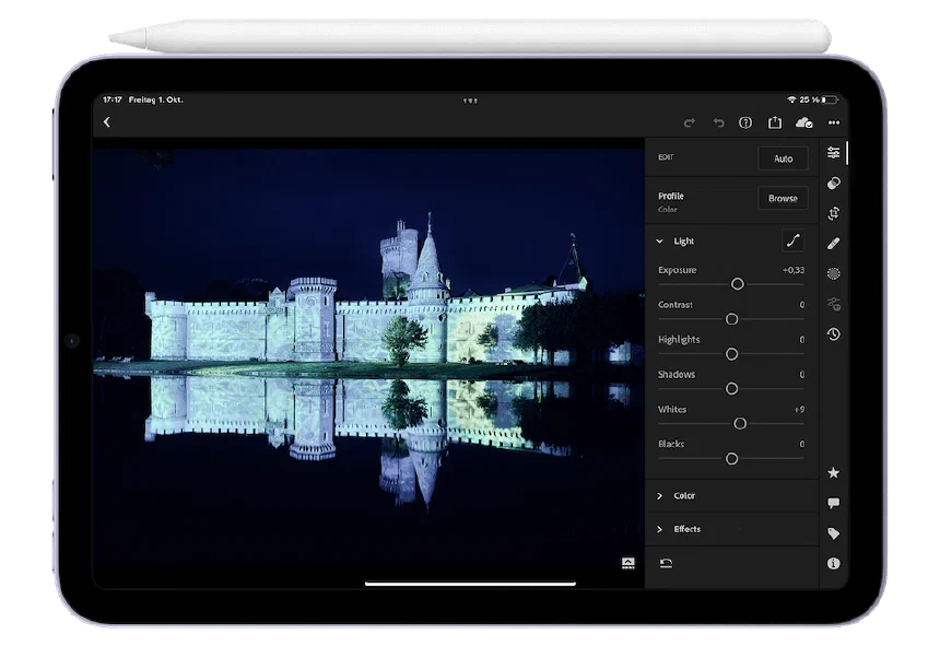 iPad mini 2021 with Apple Pencil running Lightroom Mobile