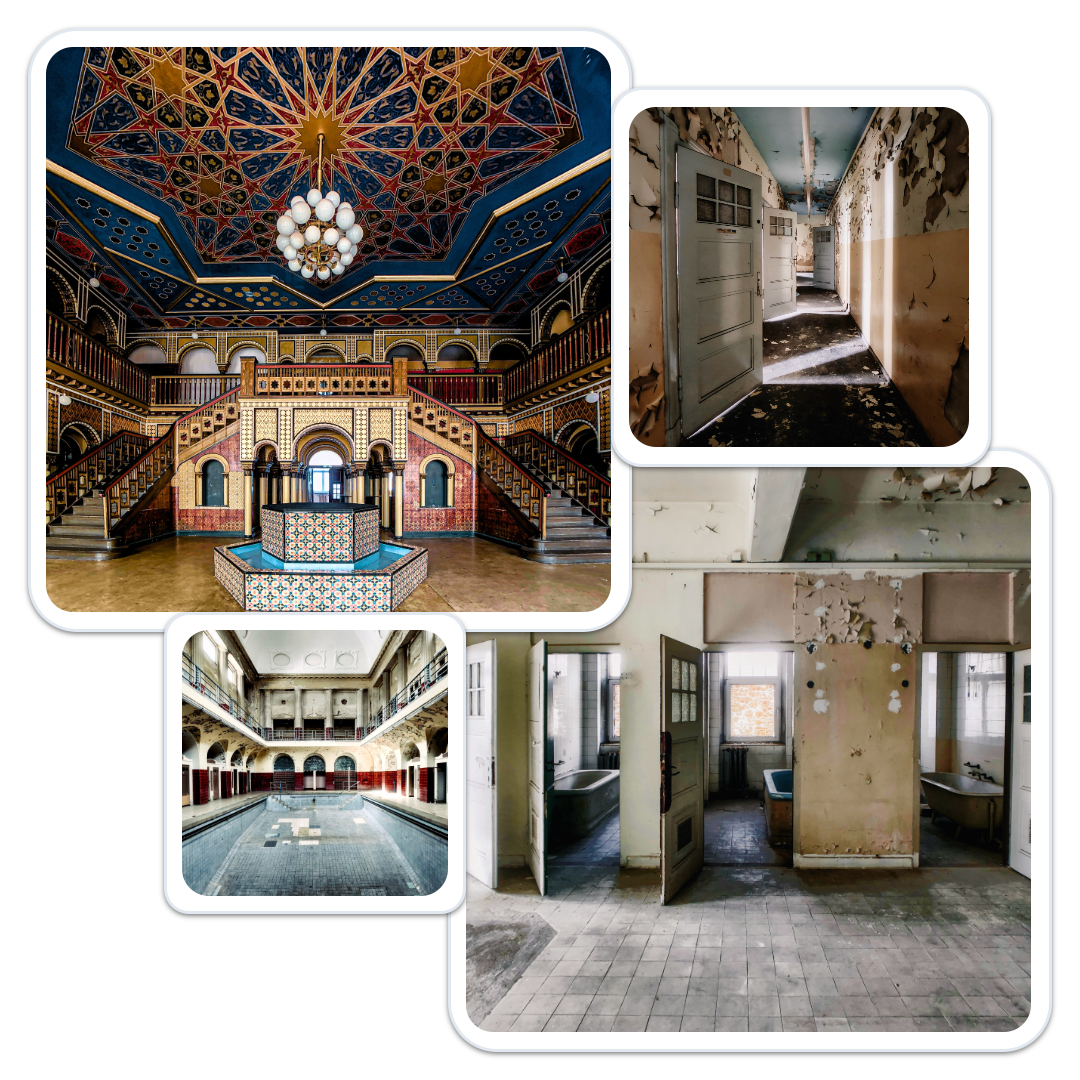 The abandoned town pool hall & old church ruin in Leipzig