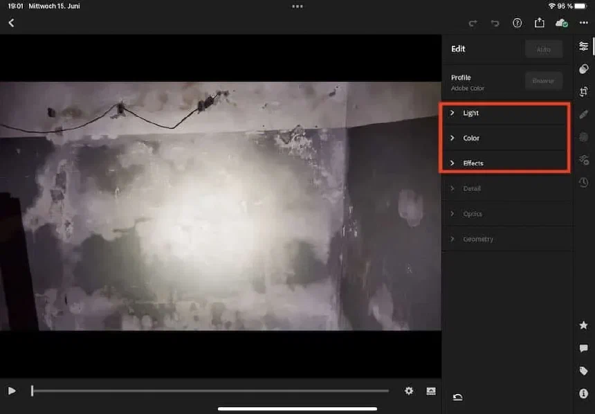Only some adjustments are enabled for video editing in Lightroom mobile
