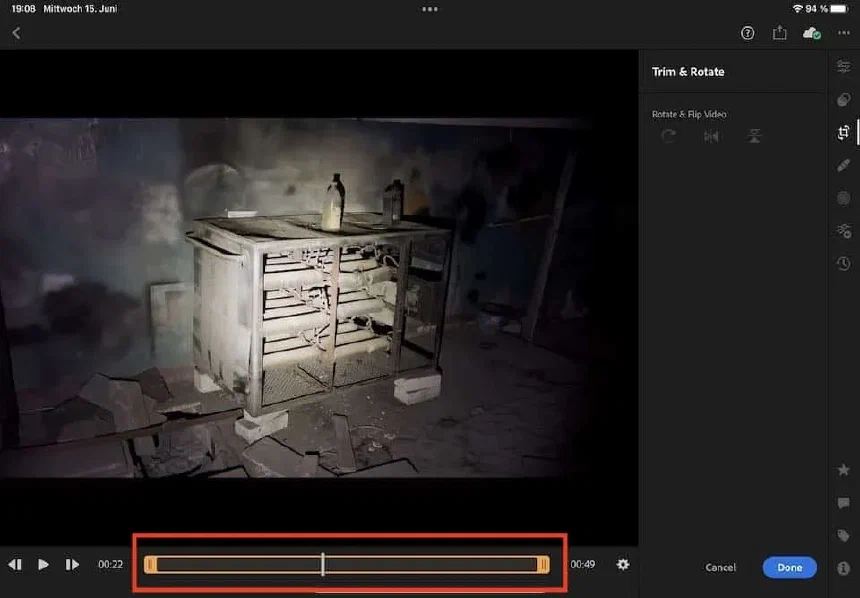 Trimming a video in Lightroom mobile