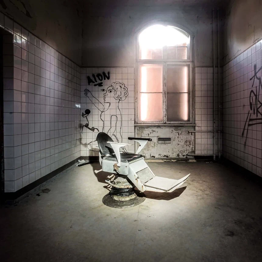 A photo of an bandoned dentist’s chair framed by light